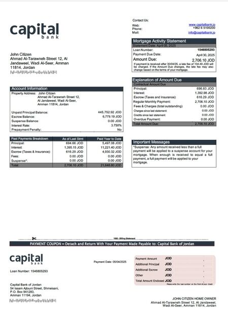 Jordan Capital Bank of Jordan mortgage statement Word and PDF template