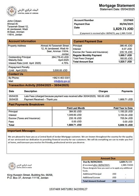 Jordan Central Bank of Jordan mortgage statement Word and PDF template
