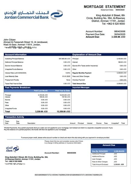 Jordan Commercial Bank mortgage statement Word and PDF template
