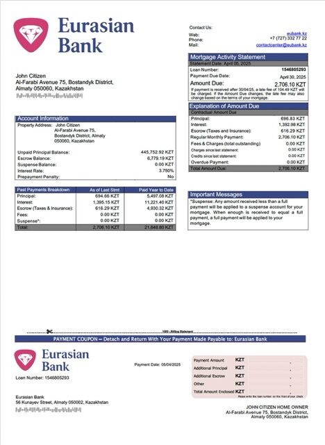 Kazakhstan Eurasian Bank mortgage statement Word and PDF template