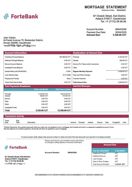 Kazakhstan ForteBank mortgage statement Word and PDF template