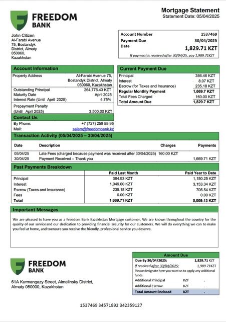 Kazakhstan Freedom Bank Kazakhstan mortgage statement Word and PDF template