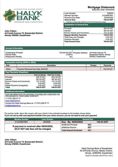 Kazakhstan Halyk Savings Bank of Kazakhstan mortgage statement Word and PDF template