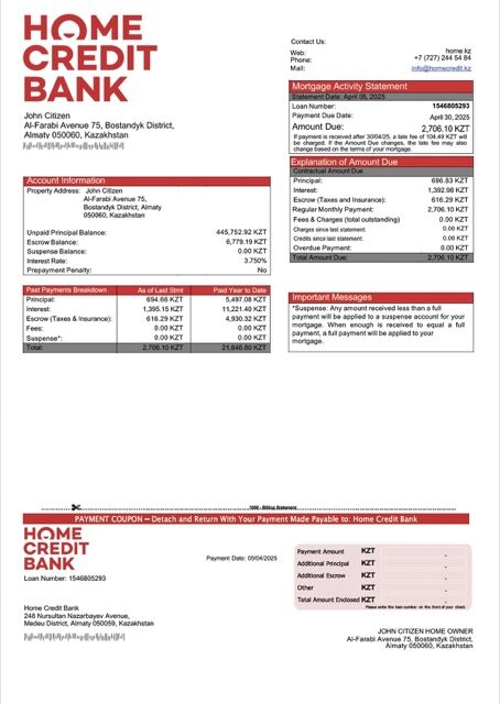 Kazakhstan Home Credit Bank Kazakhstan mortgage statement Word and PDF template