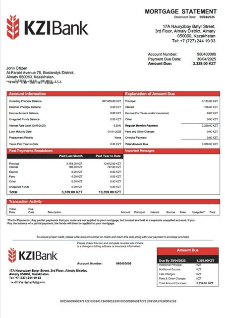 Kazakhstan KZI Bank mortgage statement Word and PDF template