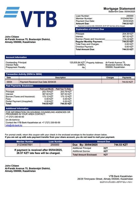 Kazakhstan VTB Bank Kazakhstan mortgage statement Word and PDF template