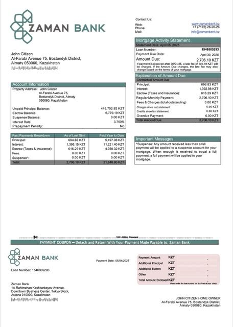 Kazakhstan Zaman Bank mortgage statement Word and PDF template