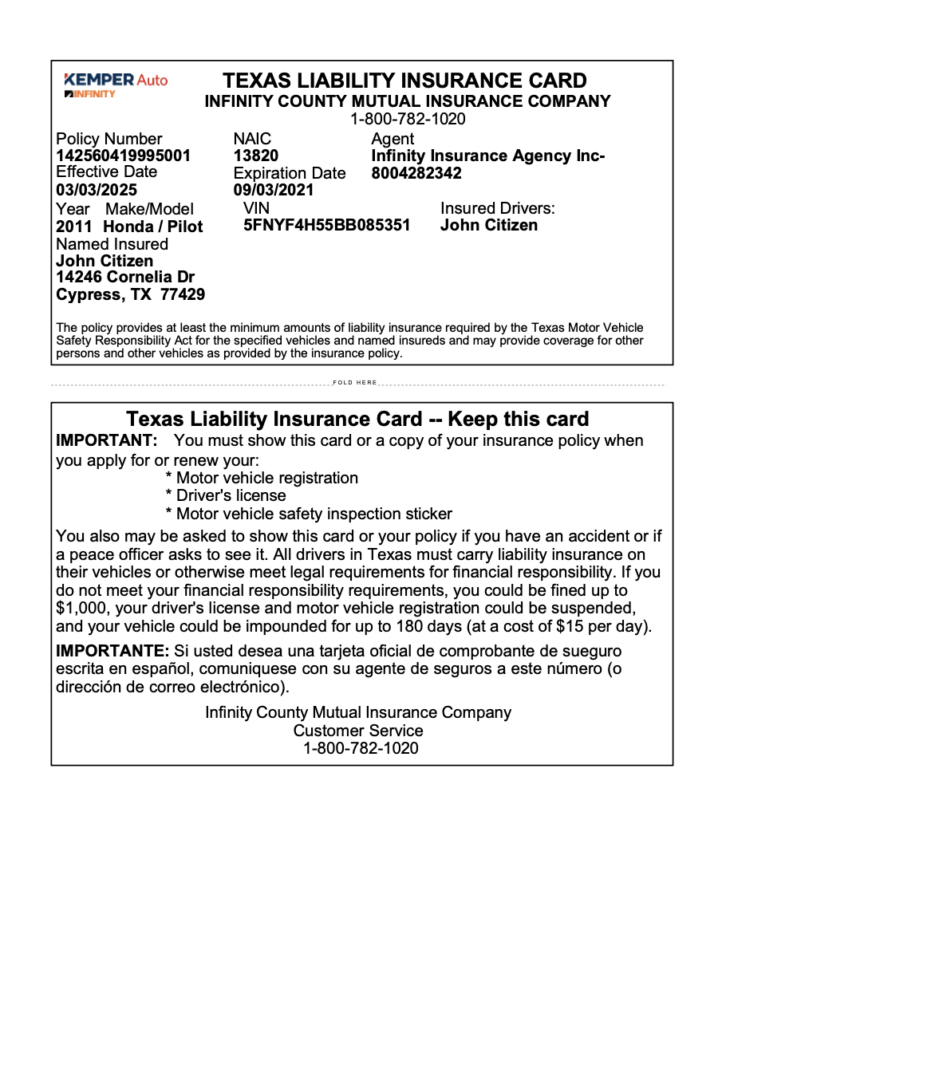 Kemper Auto Infinity Texas Liability insurance card Word and PDF template
