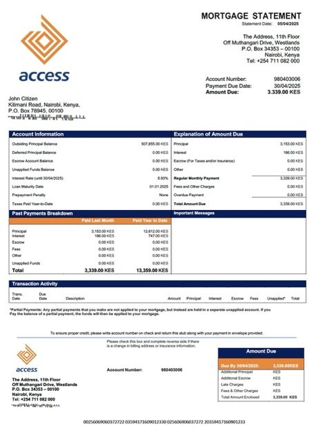 Kenya Access Bank mortgage statement Word and PDF template