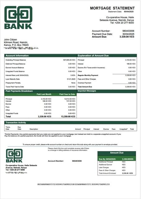 Kenya Co-operative Bank of Kenya mortgage statement Word and PDF template