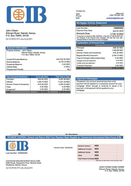 Kenya Commercial International Bank Kenya (CIB) mortgage statement Word and PDF template