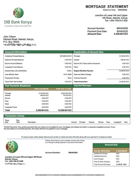 Kenya DIB Bank Kenya mortgage statement Word and PDF template