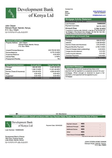 Kenya Development Bank of Kenya mortgage statement Word and PDF template