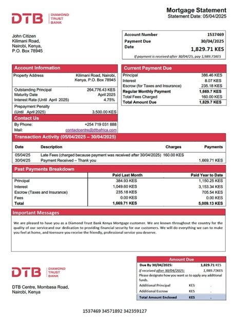 Kenya Diamond Trust Bank Kenya mortgage statement Word and PDF template