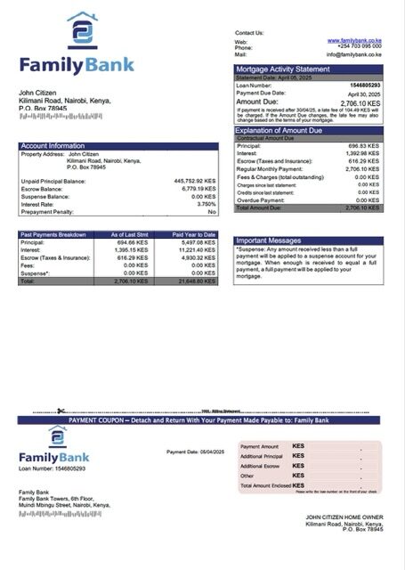 Kenya Family Bank mortgage statement Word and PDF template
