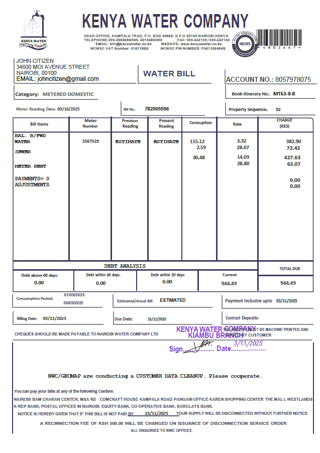 Kenya Water Company utility bill template in Word and PDF formats Kenya Water Company utility bill template in Word and PDF formats