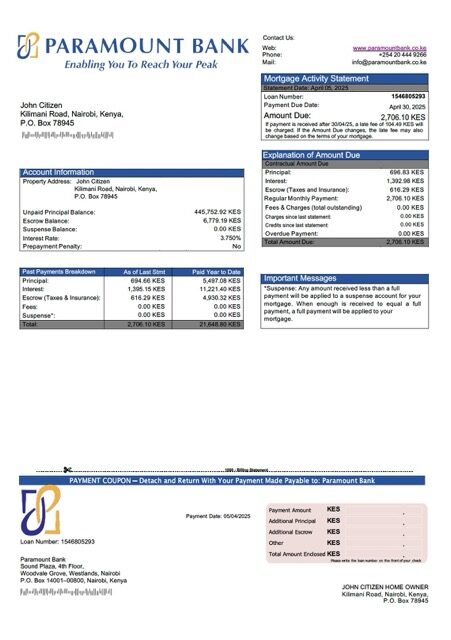 Kenya Paramount Bank mortgage statement Word and PDF template