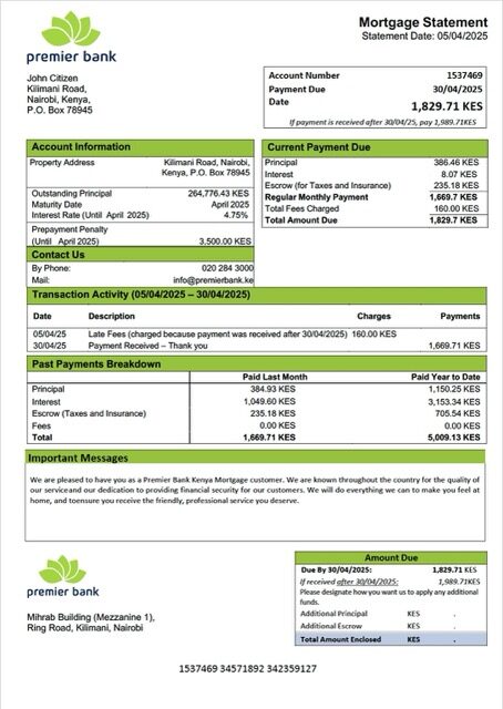 Kenya Premier Bank Kenya mortgage statement Word and PDF template