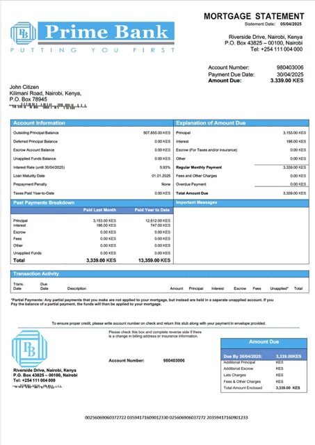 Kenya Prime Bank mortgage statement Word and PDF template