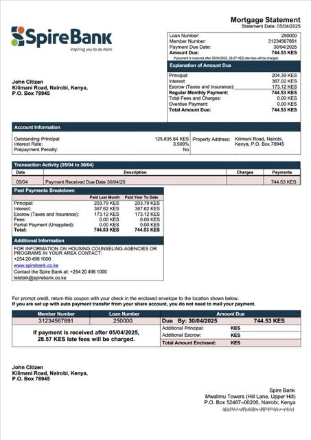 Kenya Spire Bank mortgage statement Word and PDF template