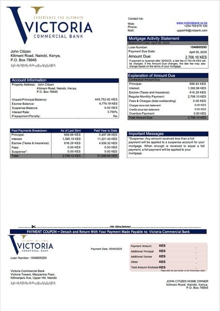 Kenya Victoria Commercial Bank mortgage statement Word and PDF template