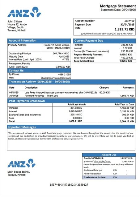 Kiribati ANZ Bank mortgage statement Word and PDF template