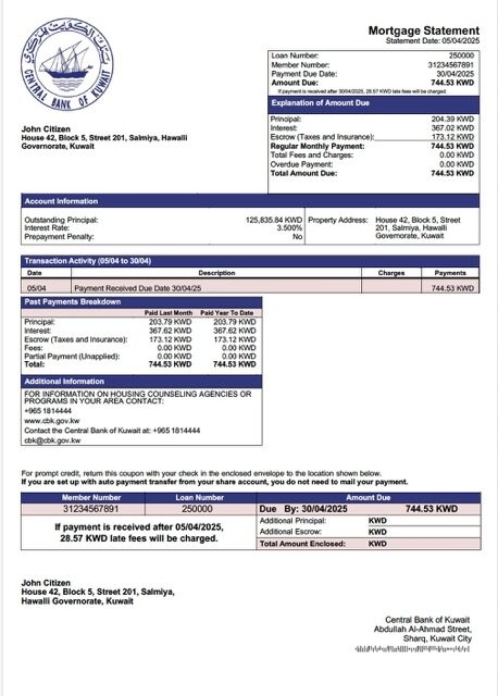 Kuwait Central Bank of Kuwait mortgage statement Word and PDF template