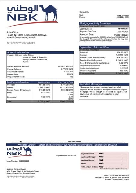 Kuwait National Bank of Kuwait mortgage statement Word and PDF template