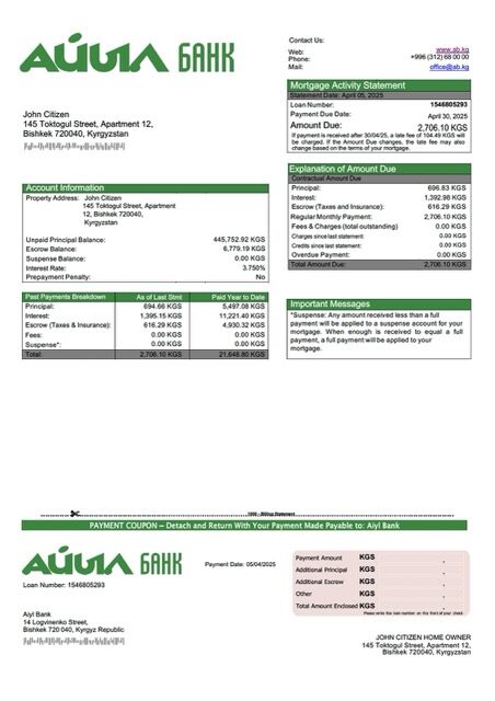 Kyrgyzstan Aiyl Bank mortgage statement Word and PDF template