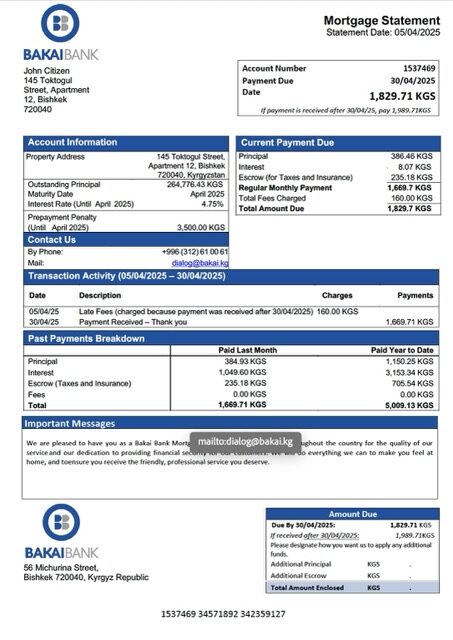 Kyrgyzstan Bakai Bank mortgage statement Word and PDF template