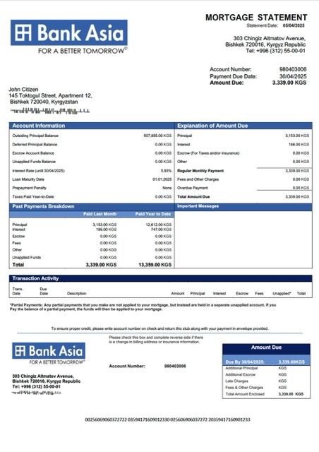 Kyrgyzstan Bank of Asia mortgage statement Word and PDF template