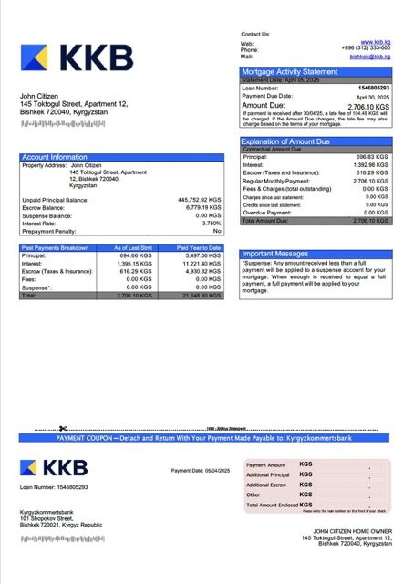 Kyrgyzstan Kyrgyzkommertsbank mortgage statement Word and PDF template