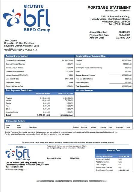 Laos Banque Franco-Lao mortgage statement Word and PDF template