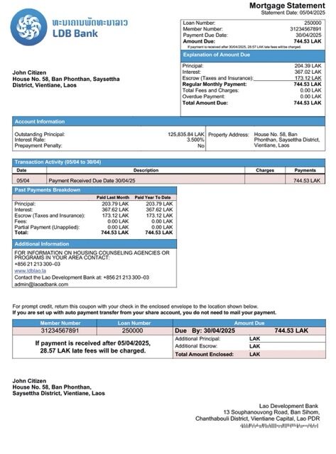 Laos Lao Development Bank mortgage statement Word and PDF template