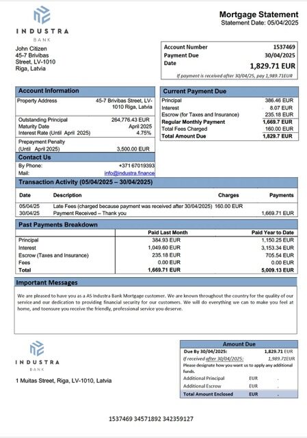 Latvia AS Industra Bank mortgage statement Word and PDF template