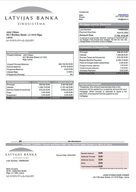 Latvia Bank of Latvia mortgage statement Word and PDF template
