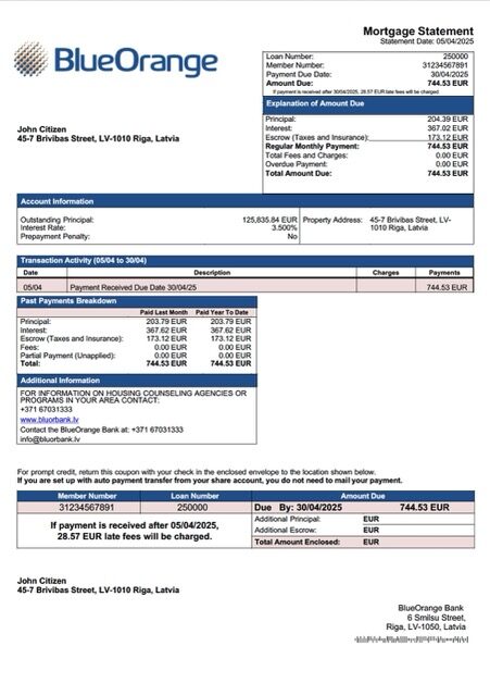 Latvia BlueOrange Bank mortgage statement Word and PDF template