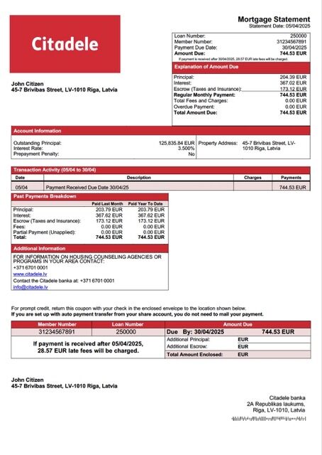 Latvia Citadele banka mortgage statement Word and PDF template