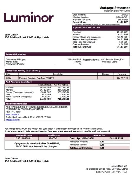 Latvia Luminor Bank AS mortgage statement Word and PDF template