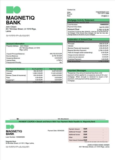 Latvia Magnetiq Bank mortgage statement Word and PDF template