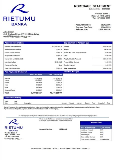 Latvia Rietumu Banka mortgage statement Word and PDF template