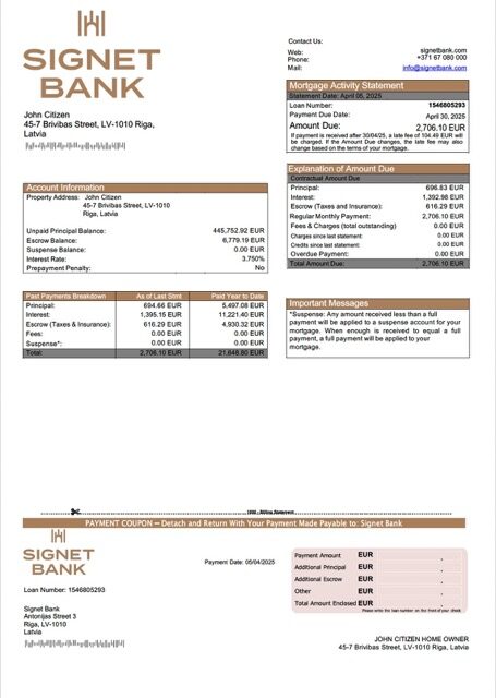 Latvia Signet Bank mortgage statement Word and PDF template
