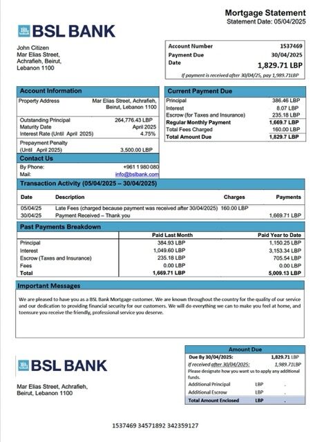 Lebanon BSL Bank mortgage statement Word and PDF template