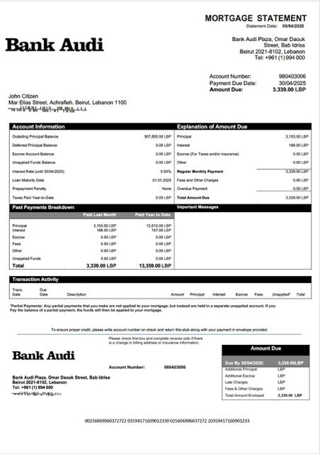 Lebanon Bank Audi mortgage statement Word and PDF template