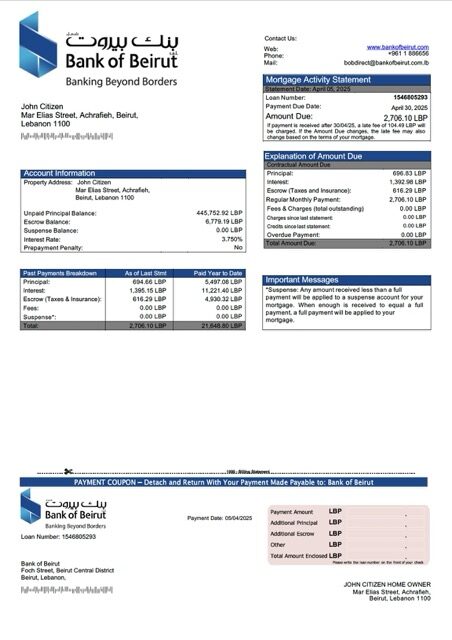 Lebanon Bank of Beirut mortgage statement Word and PDF template