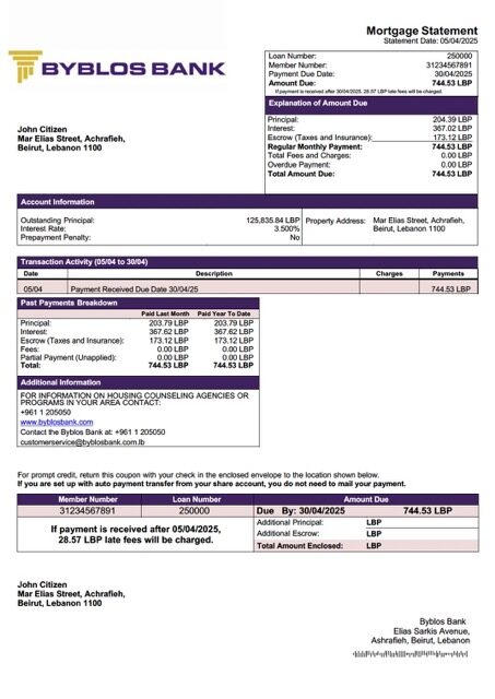 Lebanon Byblos Bank mortgage statement Word and PDF template