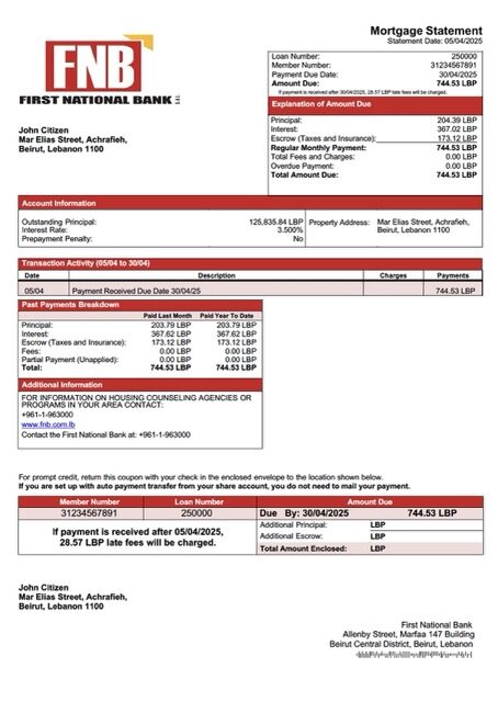 Lebanon First National Bank mortgage statement Word and PDF template