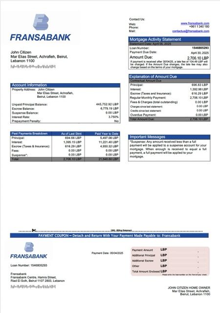 Lebanon Fransabank mortgage statement Word and PDF template