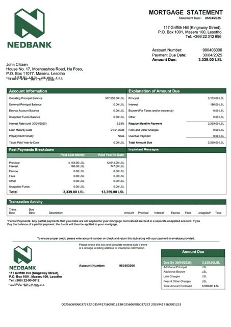 Lesotho Nedbank Lesotho mortgage statement Word and PDF template