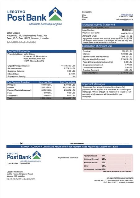 Lesotho Post Bank mortgage statement Word and PDF template